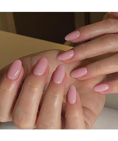 Light Pink Press on Nails Short Almond Shape Acrylic Nails Glue on Nails Glossy Pure Color Designs Almond Fake Nails Fully Cover Stick on Nails for Women Girls Nail Accessories 24 Pcs Style 8