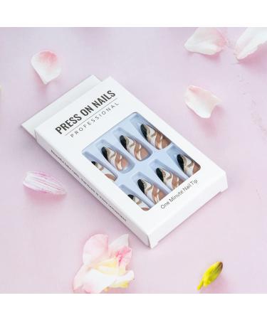 Almond Gold Striped French Tip Press On Nails 24 Pcs | Full Cover Black + White Acrylic Stick On False Nails for Women - Buy Online on GoSupps.com