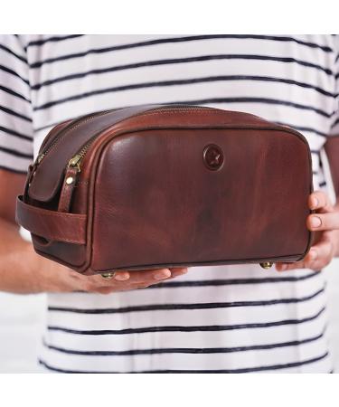 Premium Leather Toiletry Travel Pouch | Waterproof Lining | King-Size Vintage Dopp Kit by Aaron Leather Goods - Dark Brown - Buy Online on GoSupps.com