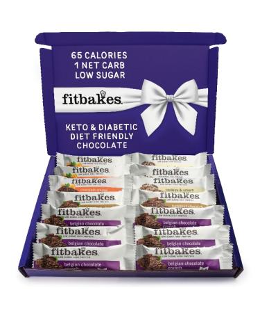 Fitbakes Gift Box - 65 Calories (14x19g) Mini Chocolate Crunch Keto Bars Diabetic Hamper Protein Hamper Keto Snacks Gym Gift Sugar Free Chocolate Diabetic Sweets Sugar Free Biscuits Diabetic Gift Gift Box All Flavours 14 count (Pack of 1)