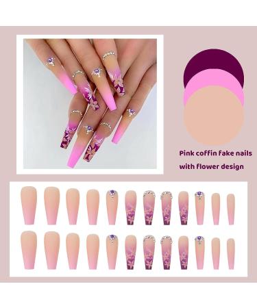 QINGGE Rhinestones Coffin Press on Nails - Pink Flower Design | Long Fake Nails for Women | Matte Stick on Nails - Buy Online on GoSupps.com