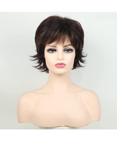 RENERSHOW Brown Blonde Highlight Wavy Pixie Wig for White Women - Natural Synthetic Short Haircut with Bangs for Daily Party - Buy Online on GoSupps.com