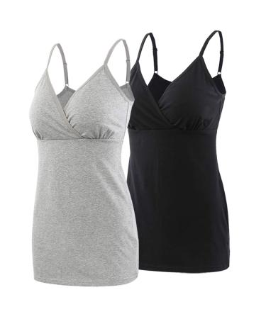 MANCI Nursing Top Tank Cami Women's Cotton Maternity Pajama Tops Sleep Bra for Breastfeeding L Black+gray