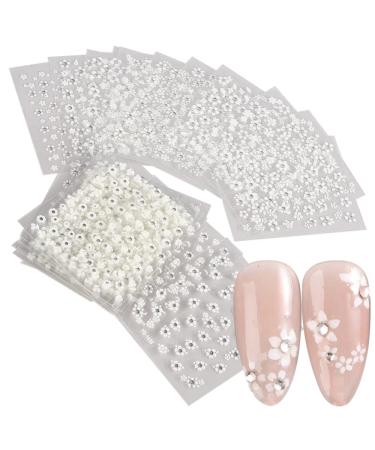 30 Sheets White Flower Nail Art Stickers with Rhinestones | 3D Self Adhesive Nail Decals for Creative Nail Designs | International Shipping Available - Buy Online on GoSupps.com
