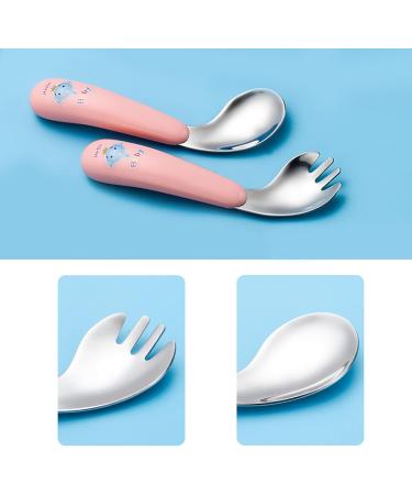 Silent-Qiaoyou Children's Cutlery Set - Heat-Resistant Stainless Steel Training Spoons & Forks Pink Curved Baby Feeding Utensils - Buy Online on GoSupps.com