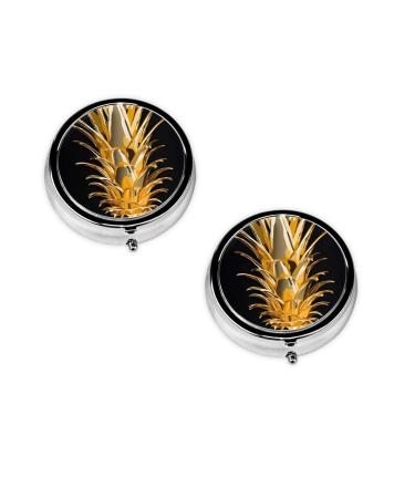 Gold Pineapple Printed Mini Round Pill Box Pill Box 3 Compartment Medicine Pill Case Pill Organizer Travel Pillbox Portable Pill Box for Pocket Home Office Use