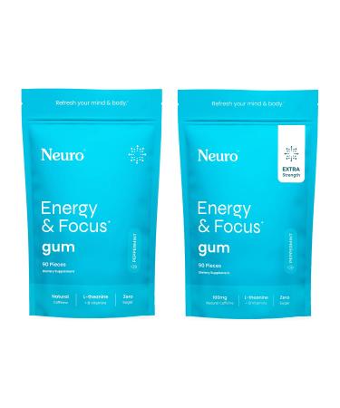 Neuro Energy & Focus Gum Duo Original & Extra Strength Peppermint Gum (90ct Bags) Natural Caffeine L-Theanine B12 + B6 Sugar-Free Nootropic Supplement for Clean Focus