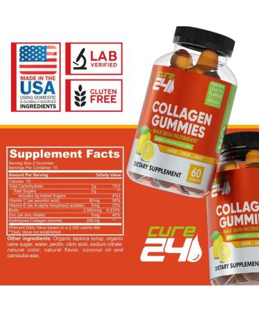 Cure24 Collagen Gummies with Zinc Vitamin C and Biotin Collagen Peptides Supplement Promotes Hair Nail Skin Bone and Joint Health Support Made in USA 60 Gummies - Buy Online on GoSupps.com