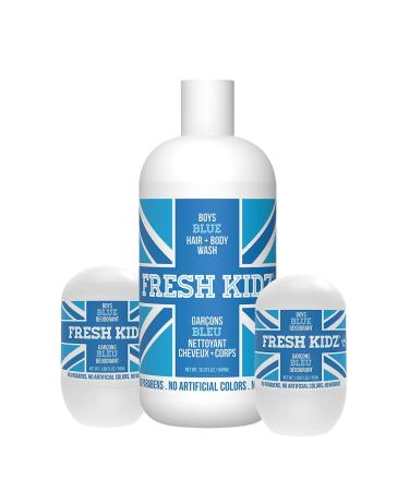 Fresh Kidz Hair & Body Wash 16.9 fl.oz. and 2 Roll On Deodorants 1.86 fl.oz. for Kids and Teens - Boys Blue Set