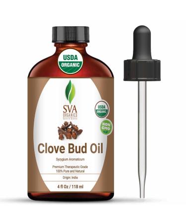 SVA Organics Clove Bud Essential Oil 4 Oz Organic USDA 100% Pure Natural Undiluted Premium Therapeutic Grade Oil for Skin  Teeth  Diffuser  Aromatherapy Clove 4 Fl Oz (Pack of 1)