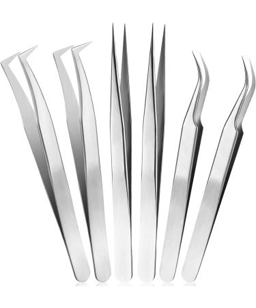 Latrate 6 pieces of eyelash tweezers set eyelash extension tweezers stainless steel straight curved lace tweezers eyelashes tongs for eyelash extensions and nail design (silver)