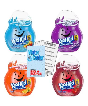 Fruit Flavoured Liquid Drink Mix Variety Pack. Includes (4) Kool-Aid Liquid Drink Mix Bottles (48g per) - Orange Grape Cherry Tropical Punch (48g per bottle) with Water Cooler Trivia Game by BIG MAPLE . Enjoy with your Drink. Rehydrate Water Flavour Enhan