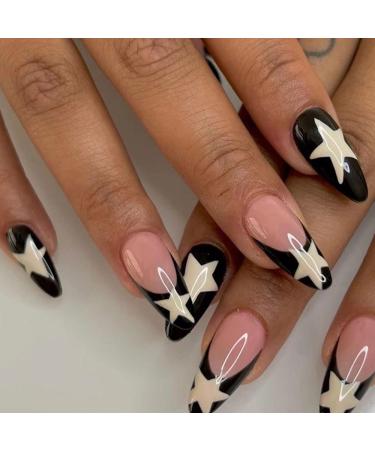 Press on Nails Star Fake Nails Medium French Tip Black Nail Design White Star Almond False Nails Acylic Nail Art Decorations Natural Nude Tip Glossy Coffin Nails for Women Girls Manicure 24Pcs