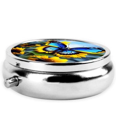 Sunflower Blue Butterfly Round Pill Box | 3 Compartment Travel Organizer | Portable Pill Holder for Travel - Buy Online on GoSupps.com