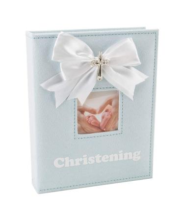 White Faux-Silk Double Bow and Silver Plated Cross Christening Photo Album in Blue - Holds 60 6x4 Pictures - Gorgeous Christening Gift Idea for Baby Boy by Happy Homewares