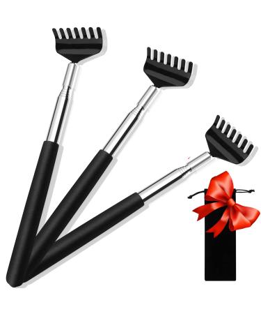 (3-Pack) Black Telescopic Back Scratcher, ELASO Portable Extendable Stainless Steel Back Scratchers for Men Women with Beautiful Carry Bag