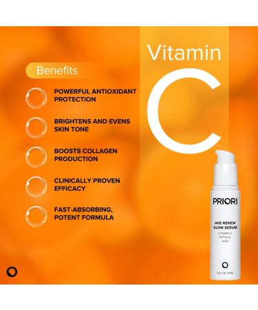 Priori Skincare Age Renew Glow Serum Vitamin C Retinol AHA Advanced Anti-Aging Radiance Boosting Formula Dark Spot & Wrinkle Reduction Firmness Glowing Complexion 1 fl oz - Buy Online on GoSupps.com