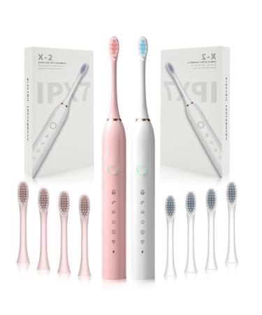 2 Pack Rechargeable Electric Toothbrushes for Adults and Kids Sonic Whitening Tooth Brush with 8 Brush Heads 6 Cleaning Modes and Smart Timer Waterproof Cleaning Toothbrushes Set(white pink)