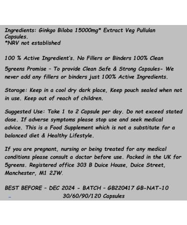 Ginkgo Biloba 15000mg Capsules Clean Safe Strong 24% Glycosides 6% Terpene lactones Strongest on Amazon Various Sizes 60 Capsules - Buy Online on GoSupps.com