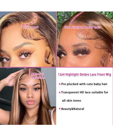 Honey Blonde Brown Ombre Straight Lace Front Human Hair Wig 24 Inch 4/27 Highlight Colored 180% Density HD Lace Frontal Wig for Women - Buy Online on GoSupps.com