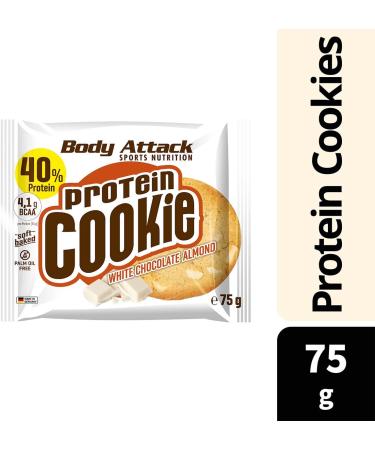 Body Attack Protein Cookie 40% protein 5% BCAA soft palm oil free Whole oat flour chocolate cookies cocoa butter Made in Germany 12x75g White chocolate with almonds - Buy Online on GoSupps.com