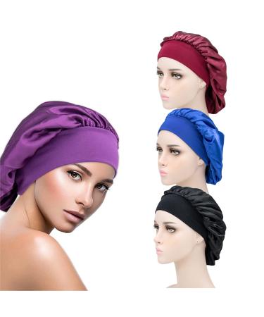 E I F E R Soft and Breathable Satin Caps Solid Color with Wide Elastic Band - Perfect for Sleeping Hair Protection and Chemotherapy (Pack of 3) Black Blue and Purple Black Blue Purple