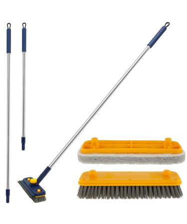 KNFFSAAJL Long Handle Scrub Brush 3 in 1 Tub Tile Scrubber with 46 inches Extendable Long Handle Stiff Bristle Shower Scrubber with 360 Degree Rotatable Head Wiper Strip Replaceable Sponge Head for Wa Blue dual