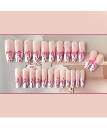 French Long Square Pink Heart Press on Nails - 24 Pcs Set | Coffin & Ballerina Style | Acrylic False Nails for Women & Girls - Style109 - Buy Online on GoSupps.com