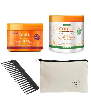 Shea Butter Curl Defining Cream Bundle - Curling Cream Leave In Conditioner with JONEX SCO Wide Tooth Comb for Curly Hair and Cosmetic Travel Bag (4 Items)