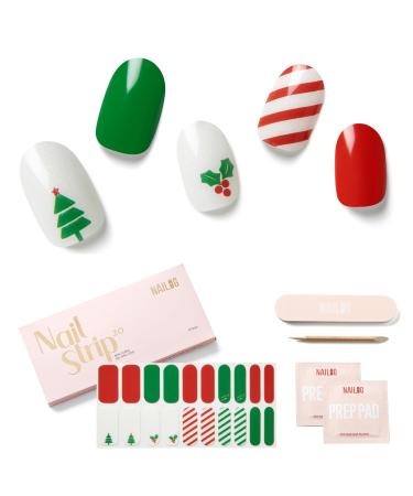 NAILOG Semi Cured Gel Nail Strips Glossy & Long Lasting Soft Gel Finish (20 Extra Long Nail Stickers) | Nail Wraps Festive Fir