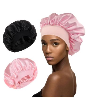 2 Pack Satin Bonnet Silk Bonnet Hair Bonnet for Sleeping Curly Hair Braids Bonnets for Black Woman Hair Wrap Sleep Caps Night Cap with Elastic Soft Band(Black Pink)