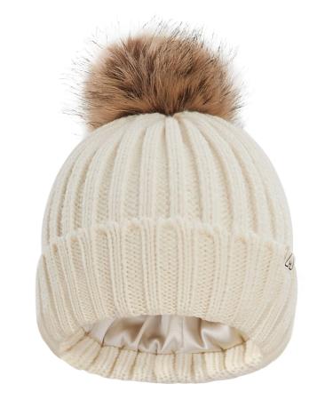 Hat Hut Toddler Beanie Satin Lined Beanie for Baby Winter Hats for Kids Bobble Hat Pom Pom Beanie for Boys Girls One Size A2-Beige