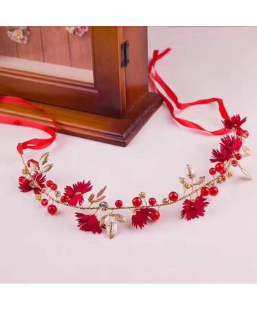 Amosfun Elegant Red Flower Wedding Bridal Headband - Handmade Crystal Ribbon Headdress for Bride Bridesmaid - Buy Online on GoSupps.com