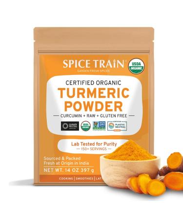 SPICE TRAIN, Organic Turmeric Powder (397g/14oz) Made from Turmeric Root | Lab Tested for Purity, 100% Raw Turmeric Powdered Organic from India | Curcumin, Antioxidant & Anti-inflammatory High Curmumin Turmeric Powder