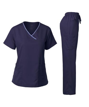 Dagacci Medical Uniform Women's Scrub Set Stretch Contrast Binding Top and Pants X-Small Navy