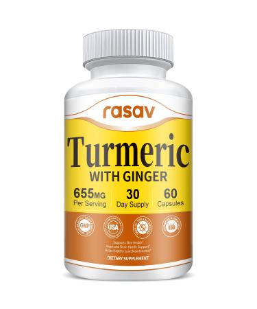Rasav Turmeric Curcumin Supplement - 95% Curcuminoids with Turmeric & Ginger Black Pepper for Ultra High Absorption Support Joint & Digestion Health Non-GMO 60 Capsules 60 Count (Pack of 1)