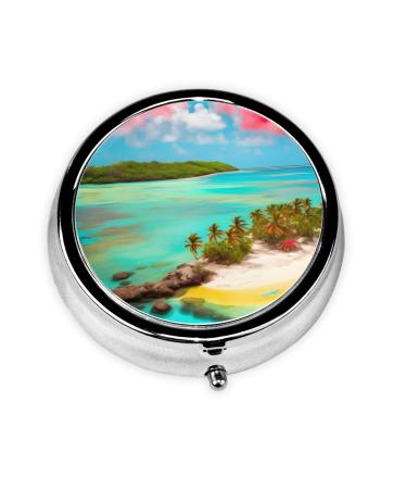 Caribbean Sceneryround Pill Box 3 Compartment Round Pill Box Organizer &Portable Travel Pill Box for Traveling.