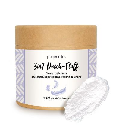 puremetics 3in1 shower fluff sensitive with sugar peeling 250 g shower gel peeling and lotion in one vegan & plastic-free