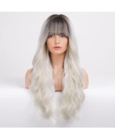 EMMOR Ombre Platinum Blonde Long Curly Wig with Bangs - Heat Resistant Synthetic Hair for Natural Daily Look - Buy Online on GoSupps.com