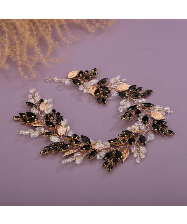 Deniferymakeup Rhinestone Bridal Hair Vine Crystal Wedding Headband Rhinestone Bride Headpiece Leaf Hair Accessories for Women and Girls (Gold Black) - Buy Online on GoSupps.com