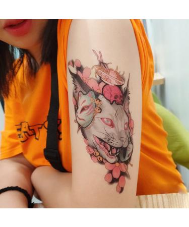 Oottati 2 Sheets Waterproof Temporary Tattoo Stickers - Pink Japanese Mask & Canadian Hairless Cat Skull Design for Arm, Thigh, Leg - Perfect for Leg, Back, Thigh - Buy Online on GoSupps.com