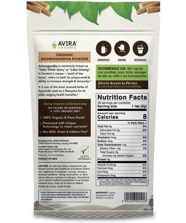 Avira Organic Ashwagandha Powder - 4 Oz Pack - Allergen-Free Vegan Superfood for Smoothies, Baking, Tea & Lattes - Non-GMO Indian Ginseng in Resealable Bag - Buy Online on GoSupps.com