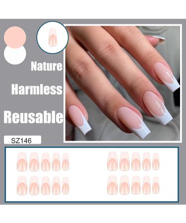 QINGGE Pink White French Tip Press on Nails - Long Coffin False Nails for Women | 24Pcs Glossy Acrylic Stick on Nails - Buy Online on GoSupps.com