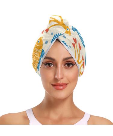 Seamless Pattern with Fish Seahorse Hair Towel 2 Pack Super Absorbent Hair Drying Towel Quick Dry Hair Turbans Head Towel with Button Twisty Wrap for Women Girls