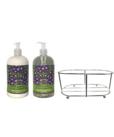 Three Piece Set: Hand & Body Lotion and Hand Soap Duo Set Enriched With Shea Butter 16 oz ea. in a Chrome Caddy Collection (African Violet & Cocoa Butter)