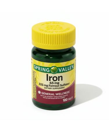 Iron 65mg 100 Tablets Ferrous Sulfate 325mg Supplement Vegan Pills Hierro para Mujeres Daily Iron Vitamins Gluten Free Mineral (Pack of 1) 100 Count (Pack of 1)