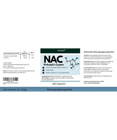 EXVital NAC Capsules 600 mg par capsule 180 capsules v g taliennes contenant de la N-ac tylcyst ine N-ac tyl-L-cyst ine hautement dos e Test en laboratoire et sans additifs - Buy Online on GoSupps.com