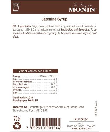 MONIN Premium Jasmine Syrup 700ml - Ideal for Cocktails and Mocktails | Vegan-Friendly, Allergen-Free, 100% Natural | Jasmine 700 ml (Pack of 1) - Buy Online on GoSupps.com