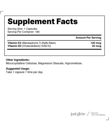 Just Glow Vitamin High-Potency K2 + D3 Supplement - 120mcg (MK-7) / 1000 IU - 180 Capsules - Helps Support Bones Teeth and Immune Function - Made In Canada - Buy Online on GoSupps.com