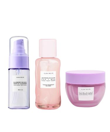 Glow Recipe Blueberry Bounce Gentle Face Cleanser (30 ml) + Watermelon Glow PHA + BHA Facial Toner & Pore Minimizer (40 ml) + Plum Plump Hyaluronic Acid Face Cream (20 ml) - Travel Friendly